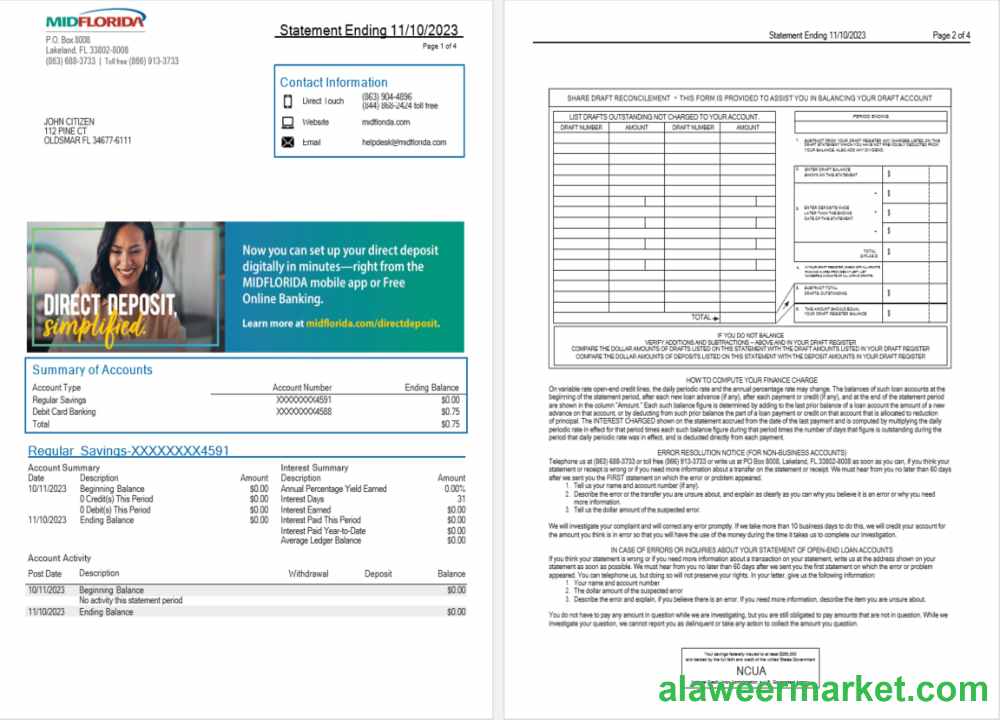 USA MidFlorida bank statement Word and PDF template, 3 pages  1-2